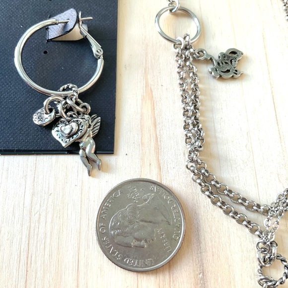 NWT cookie Lee silver cherub heart charm hoop earrings long necklace set lot 3 - Picture 4 of 7
